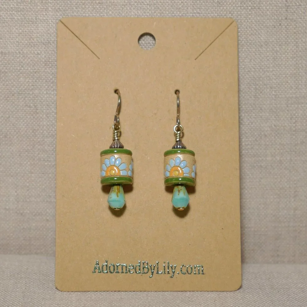 Hand Crafted Handmade Earrings Floral Ceramic & Czech Glass Bead Earrings - Picture 2 of 4